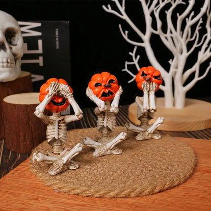 Halloween Mini Figurines Set of 3, Pumpkin Skull See No Evil Hear No Evil Speak No Evil