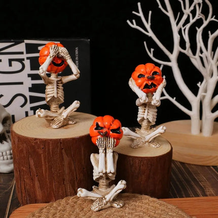 Halloween Mini Figurines Set of 3, Pumpkin Skull See No Evil Hear No Evil Speak No Evil, Halloween Decorations and Fall Decor