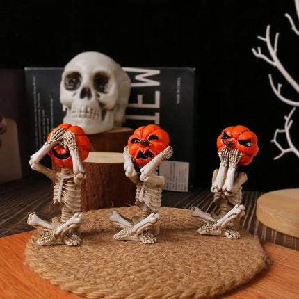 Halloween Mini Figurines Set of 3, Pumpkin Skull See No Evil Hear No Evil Speak No Evil – image 4