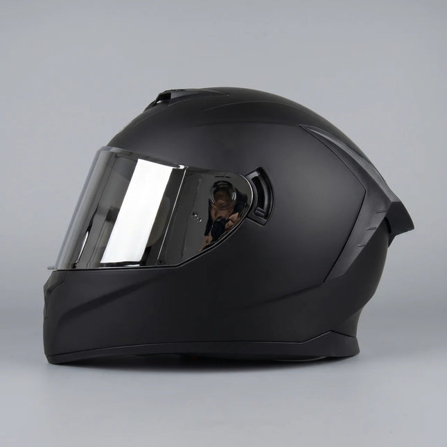 Sleek Full-Face Motorcycle Helmet with Silver Visor for Enhanced Safety and Visibility 0