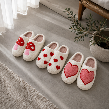 Womens Slippers Fluffy and Cozy, Cute Heart and Mushroom Non Slip House Shoes