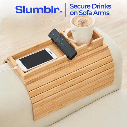 Slumblr | Bamboo Couch Cup Holder Tray with Foldable Design | Stable Storage for Drinks and Snacks 1