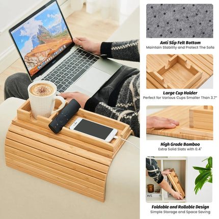Slumblr | Bamboo Couch Cup Holder Tray with Foldable Design | Stable Storage for Drinks and Snacks 5