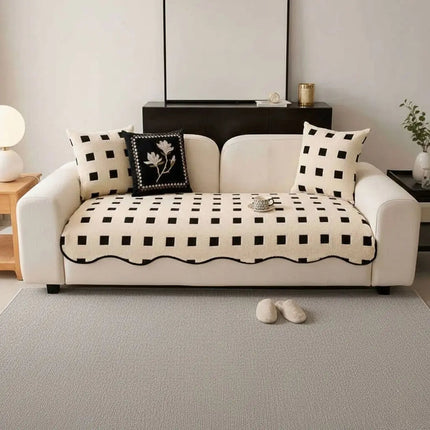 Non Slip Couch Cover, Checkered Plush Sofa Cover for Living Room