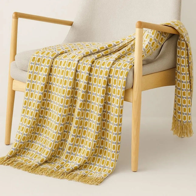 Knitted Throw Blanket with Tassels, Cozy Blanket for Couch and Bed, Yellow Knit Blanket, Geometric Sofa Throw