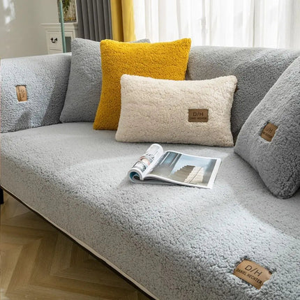 Lamb Wool Plush Couch Cover, Non Slip Sofa Cover – image 4