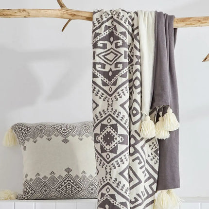 Cotton Knit Throw Blanket, Knitted Blanket with Geometric Pattern