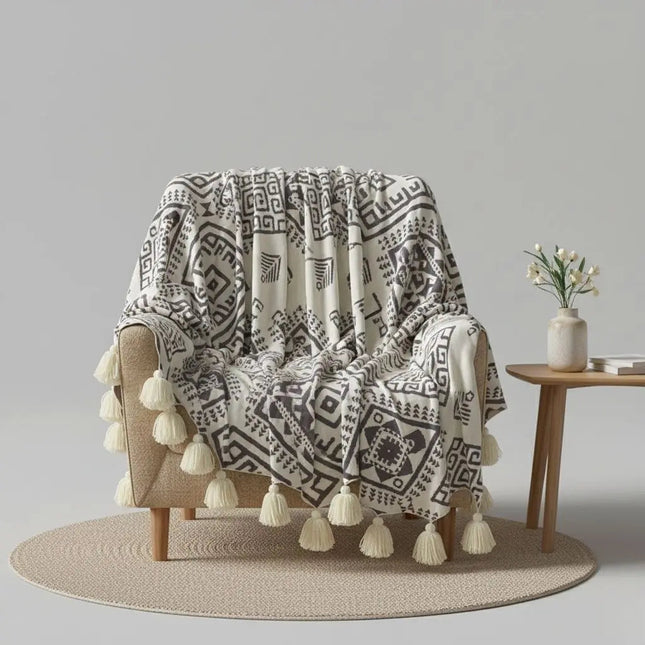 Cotton Knit Throw Blanket, Knitted Blanket with Geometric Pattern, Lightweight Cotton Throw with Tassel Edges
