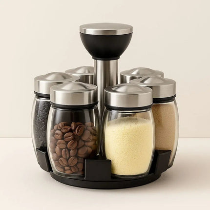 Rotating Spice Rack with 6 Glass Spice Jars, Lazy Susan Spice Organizer, Seasoning Rack with Stainless Steel Lids