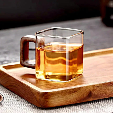 Glass Coffee Mug with Wood Handle, Square Glass Tea Cup Set of 2 or 4 – image 5