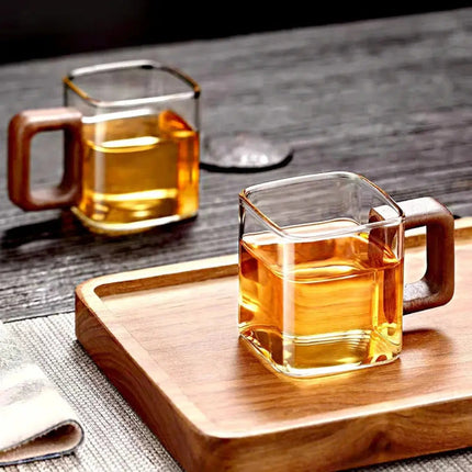 Glass Coffee Mug with Wood Handle, Espresso Cups 3 oz