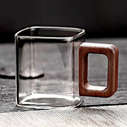 Glass Coffee Mug with Wood Handle, Square Glass Tea Cup Set of 2 or 4