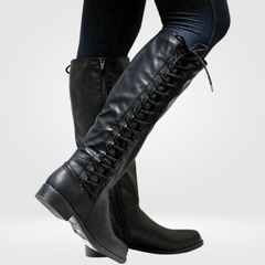 Lace Up Knee High Boots for Women, Combat Boots with Side Zipper, Womens Leather Boots with Low Block Heel_00