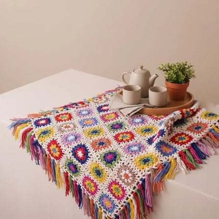 Crochet Throw Blanket with Tassels, Hand Crocheted Blanket with Floral Motifs