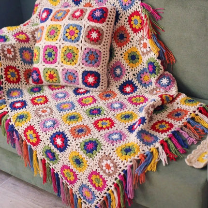 Crochet Throw Blanket with Tassels, Hand Crocheted Blanket with Floral Motifs – image 7