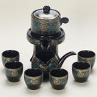 Gongfu Tea Set, Black Ceramic Teapot Set with Chahai, Tea Stand and 6 Teacups, Tea Ceremony Set with Golden Pattern