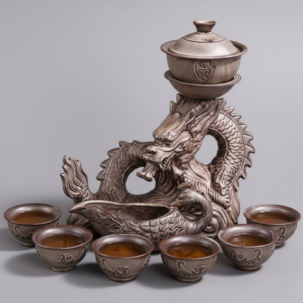 Gongfu Ceremony Tea Set with Dragon Base, Porcelain Gaiwan Tea Set with Tea Pitcher and 6 Teacups