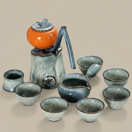 Automatic Teapot Set with 6 Tea Cups and Fair Cup, Chinese Tea Set, Kiln Glaze Ceramic Tea Set for Home