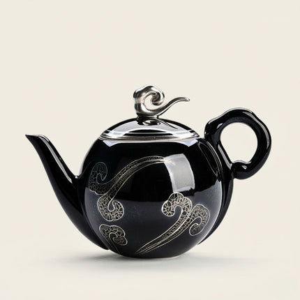 Ceramic Teapot, Black Tea Pot with Silver Pattern Glaze, Small Teapot for One with Precise Spout and Comfortable Handle