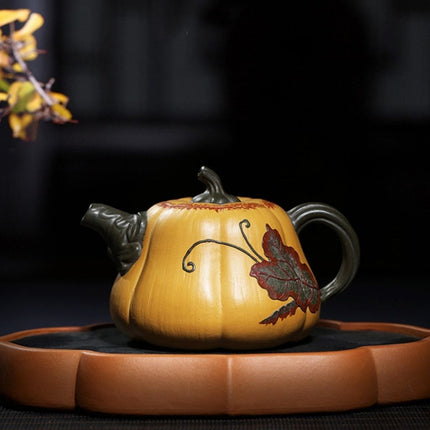 Clay Teapot, Hand Carved Pumpkin Purple Clay Teapot
