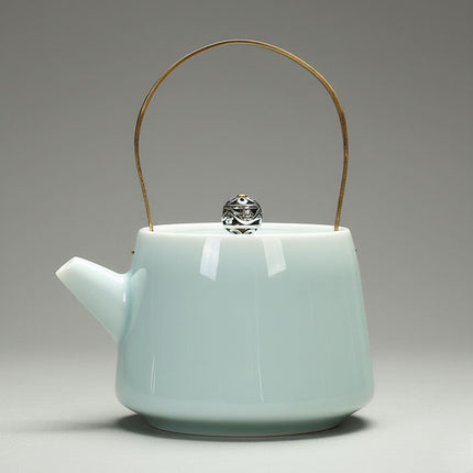 Celadon Ceramic Teapot, Glazed Tea Pot with Metallic Handle, Small Teapot for Personal Use, Tea Gift for Tea Lovers