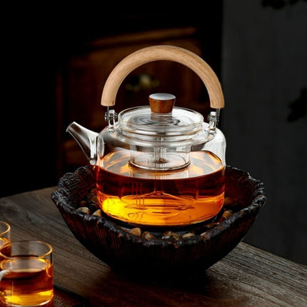 Glass Teapot with Magnetic Lid, Glass Tea Pot with Wooden Loop Handle
