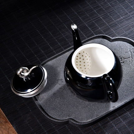 Ceramic Teapot, Black Tea Pot with Silver Pattern Glaze