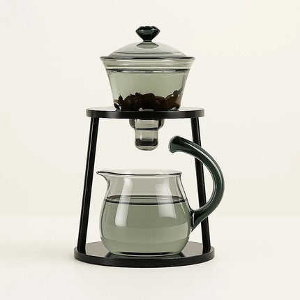 Glass Tea Set with Automatic Infuser, Magnetic Glass Teapot with Vertical Stand, Smoky Gray Tea Maker for Loose Leaf