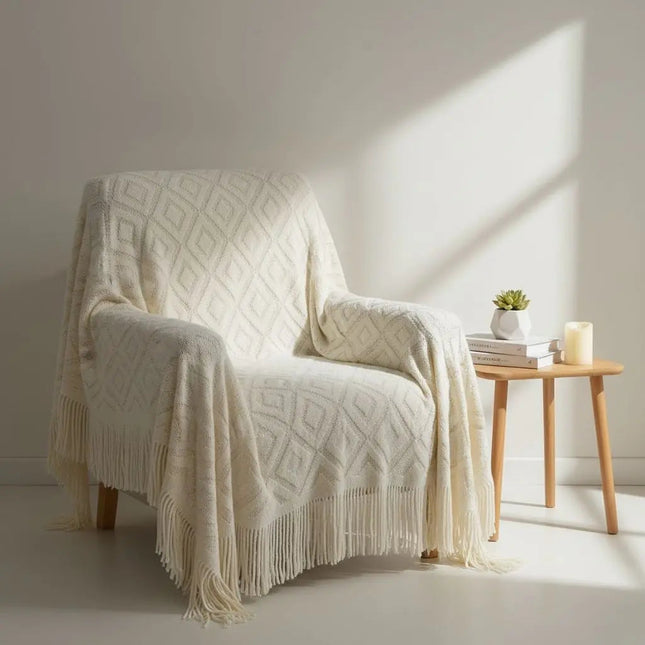 Jacquard Knit Throw Blanket, Knitted Blanket with Fringe for Bed
