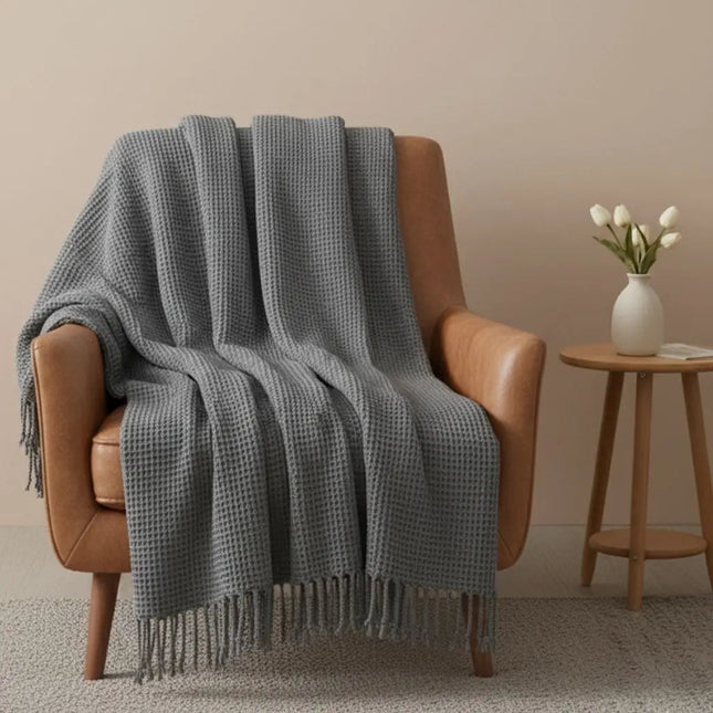 Waffle Knit Throw Blanket, Lightweight Soft Blanket with Fringe for Spring and Fall, Cozy Blanket for Sofa and Bed
