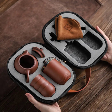 Travel Tea Set with Case, Ceramic Teapot with 4 Cups and Tea Jar, Portable Clay Tea Set for Travel and Gifting