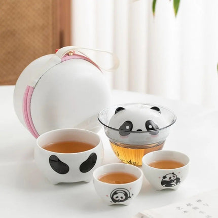 Travel Tea Set with Case, Panda Ceramic Teapot and Teacups