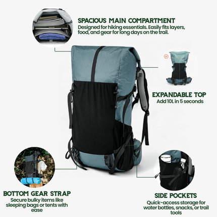 Ultralight 50L Travel Backpack with Roll-Top Design | Water-Resistant and Durable for Hiking Adventures 3