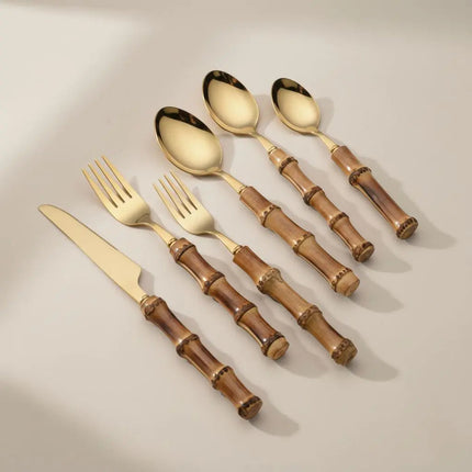 Bamboo Handle Cutlery, Gold Silverware, Stainless Steel Flatware Sold Per Piece, Dinner Fork, Table Spoon or Teaspoon