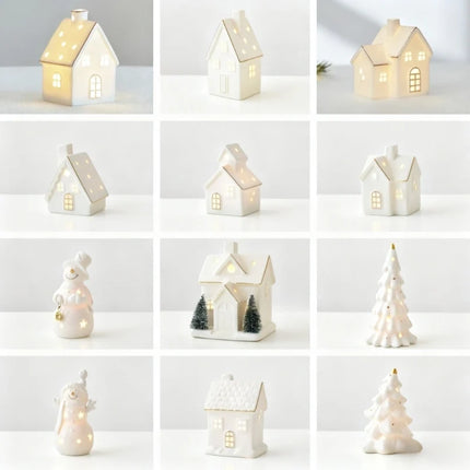 Ceramic Winter Village Decor Set with Ambient Glow | Handcrafted Holiday Centerpiece for Cozy Seasonal Atmosphere
