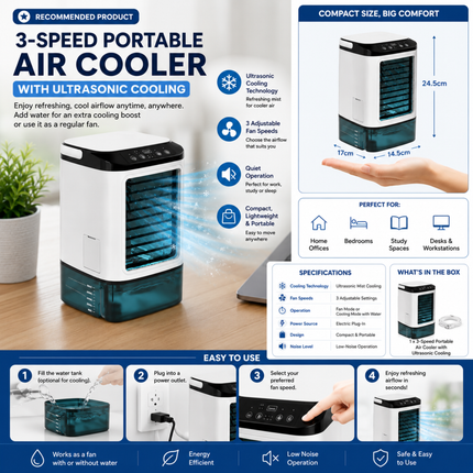 Portable Air Cooler, Ultrasonic Desk Fan with Water Tank