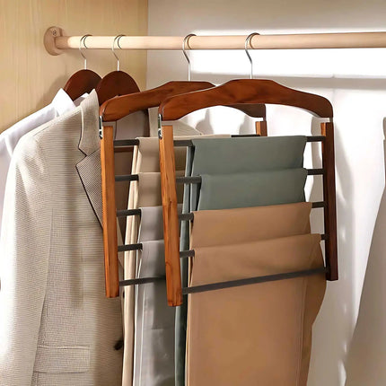 Space Saving Pants Hanger, Wooden Clothes Hanger with Anti Slip Bars, Multi Tier Hanging Closet Organizer for Scarves