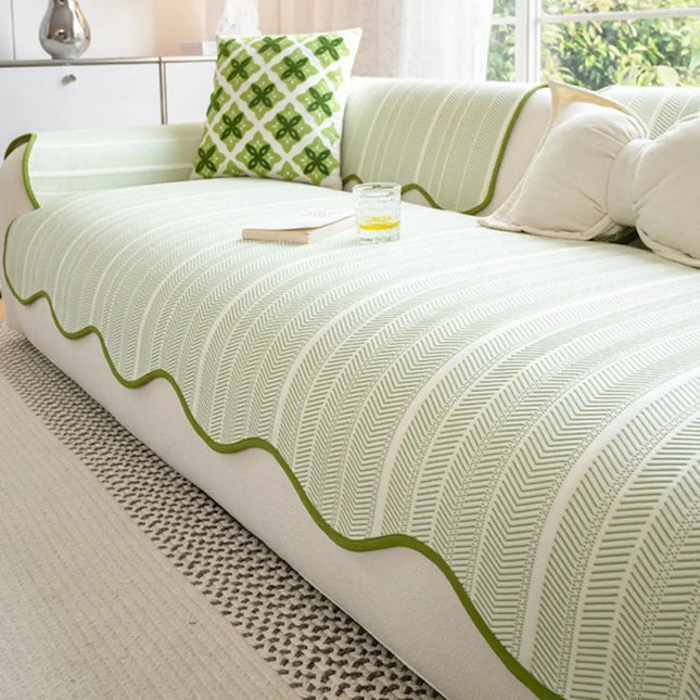 Versatile Herringbone Sofa Cover with Scallop Edge for All-Season Protection 1