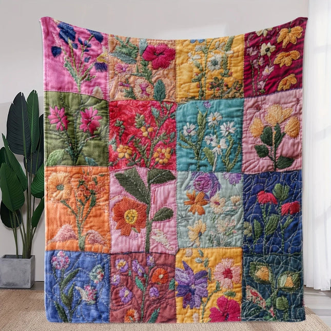 Vintage Bloom | Patchwork Blanket with Floral Design & Embroidery | Soft Flannel for Year-Round Comfort 0