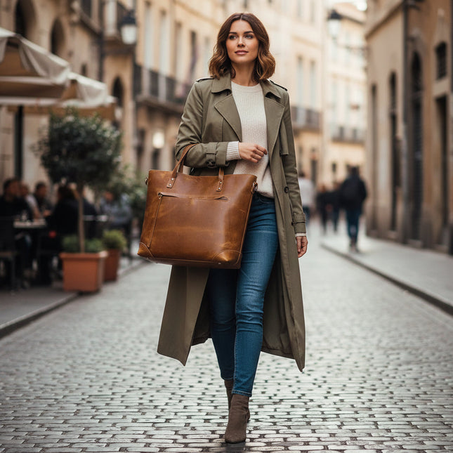 Vintage Leather Tote Bag | Large Zippered Handbag with Adjustable Strap | Stylish Everyday Carry for All Essentials 0