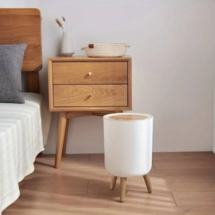 Small Trash Can with Lid, Push Lid Garbage Can with Wood Grain Legs