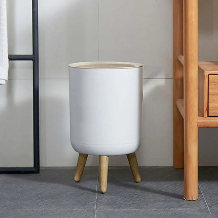 Small Trash Can with Lid, Push Lid Garbage Can with Wood Grain Legs – image 4