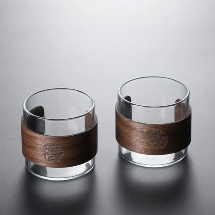 Glass Tea Cup with Walnut Wood Sleeve, Drinkware Gift for Tea Lovers