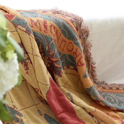 Throw Blanket with Fringe, Vintage World Map Cotton Blanket