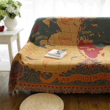 Throw Blanket with Fringe, Vintage World Map Cotton Blanket – image 5