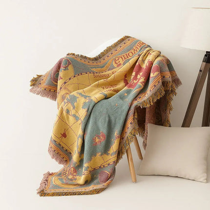 Throw Blanket with Fringe, Vintage World Map Cotton Blanket, Woven Blanket for Couch, Bed and Home Decor