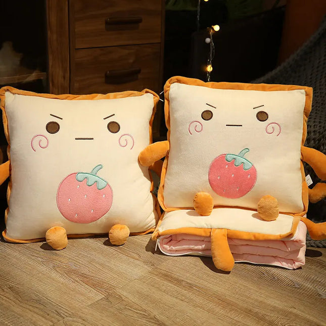 Whimsical Travel Pillow Blanket with Cartoon Toast Design | Cozy Dual-Function for Comfort on the Go 1