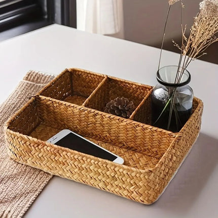Wicker Basket with 3 Compartments, Woven Basket Organizer