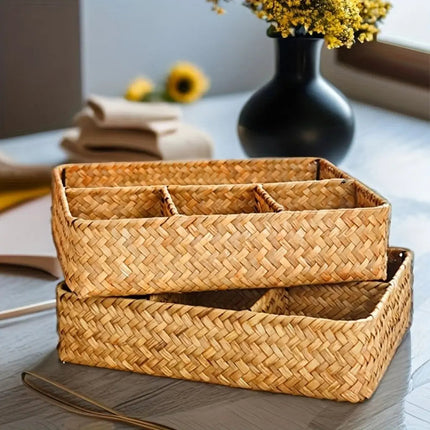 Wicker Basket with 3 Compartments, Cosmetic Organizer