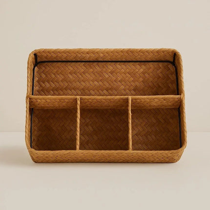 Wicker Basket with 3 Compartments, Woven Basket Organizer, Cosmetic Organizer, Desk Organizer for Remote and Cables